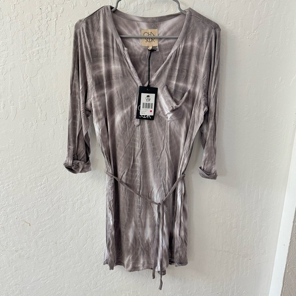 Chaser Shirtdress Tie Dye Belted Roll Tab Sleeves Purple Gray White V Neck M - Picture 2 of 5